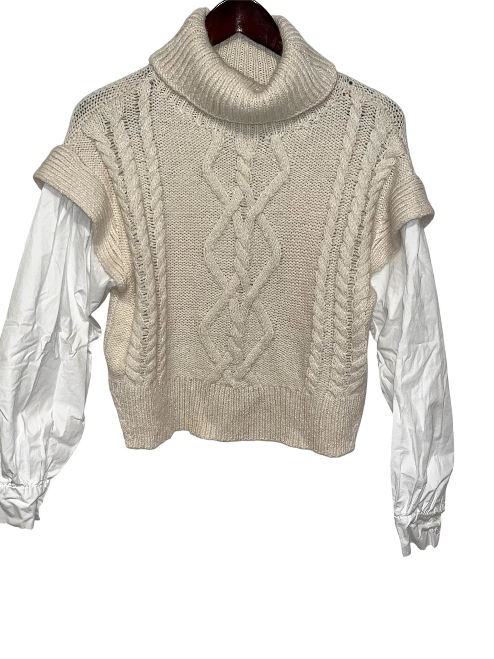 Love Tree Cream Cable-Knit Sleeveless Turtleneck Sweater